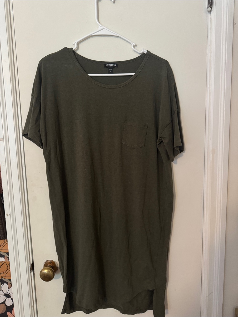 Express Olive Green Pocket Tee Dress - Relaxed Crew Neck
